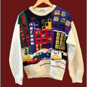 Lauren Alexander Vintage Wool Novelty Knit Sweater Cityscape Winter Scene 80s